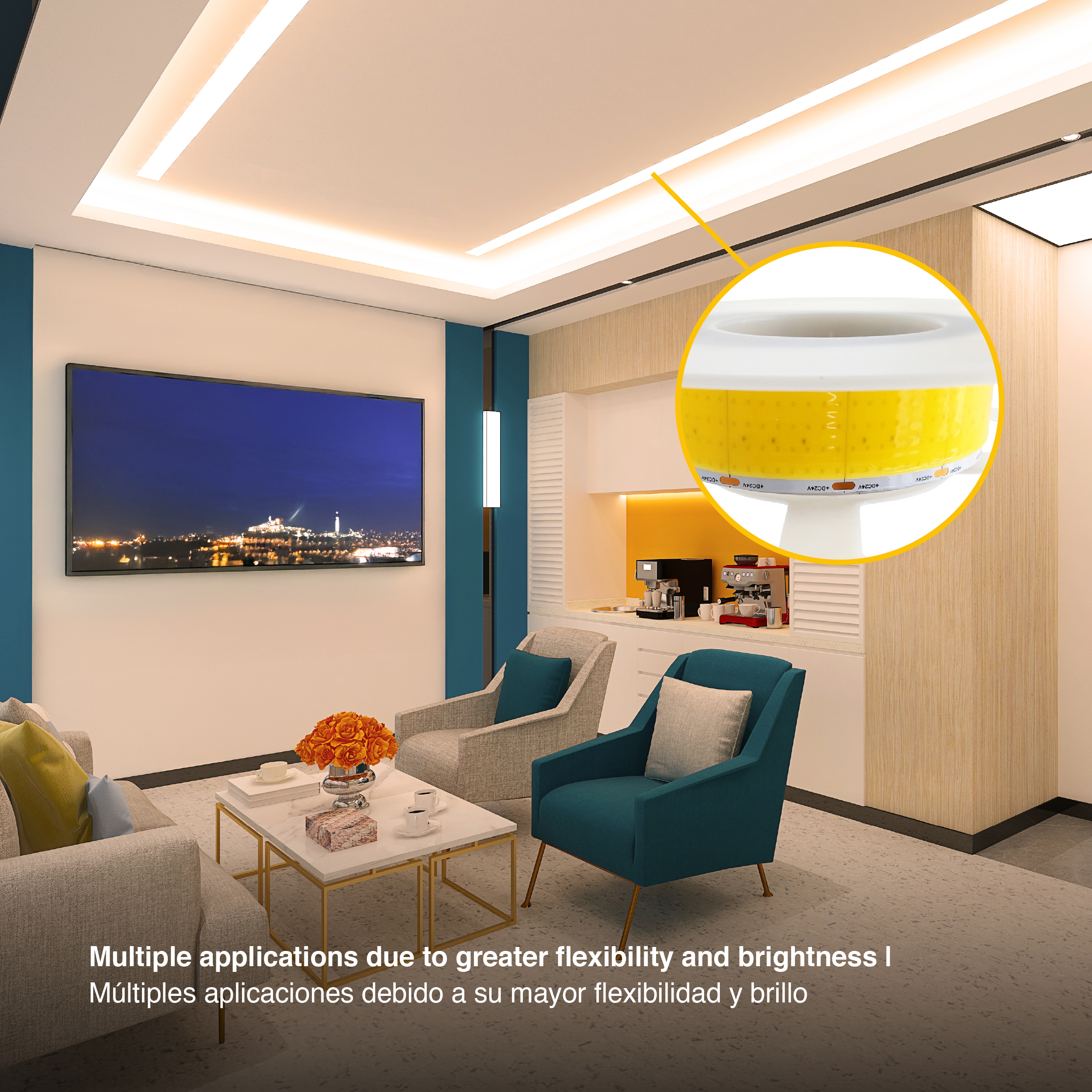 Tira LED COB 24V 40W/m Blanco Cálido 4800lm/m 1600 LEDs/m, 30mm PCB IP33 x5m 