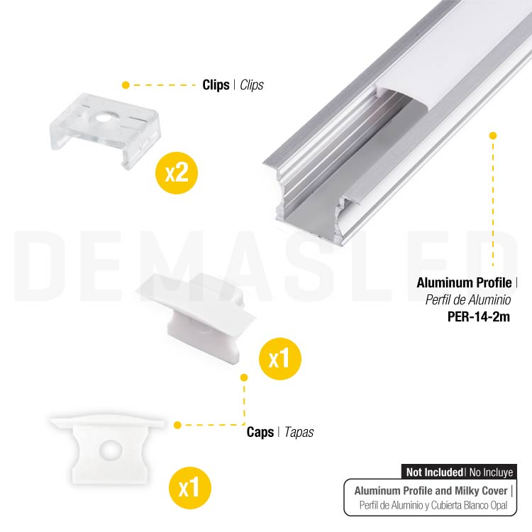 Kit de 2 tapas y 2 clips para perfil de aluminio, PER-14-2m