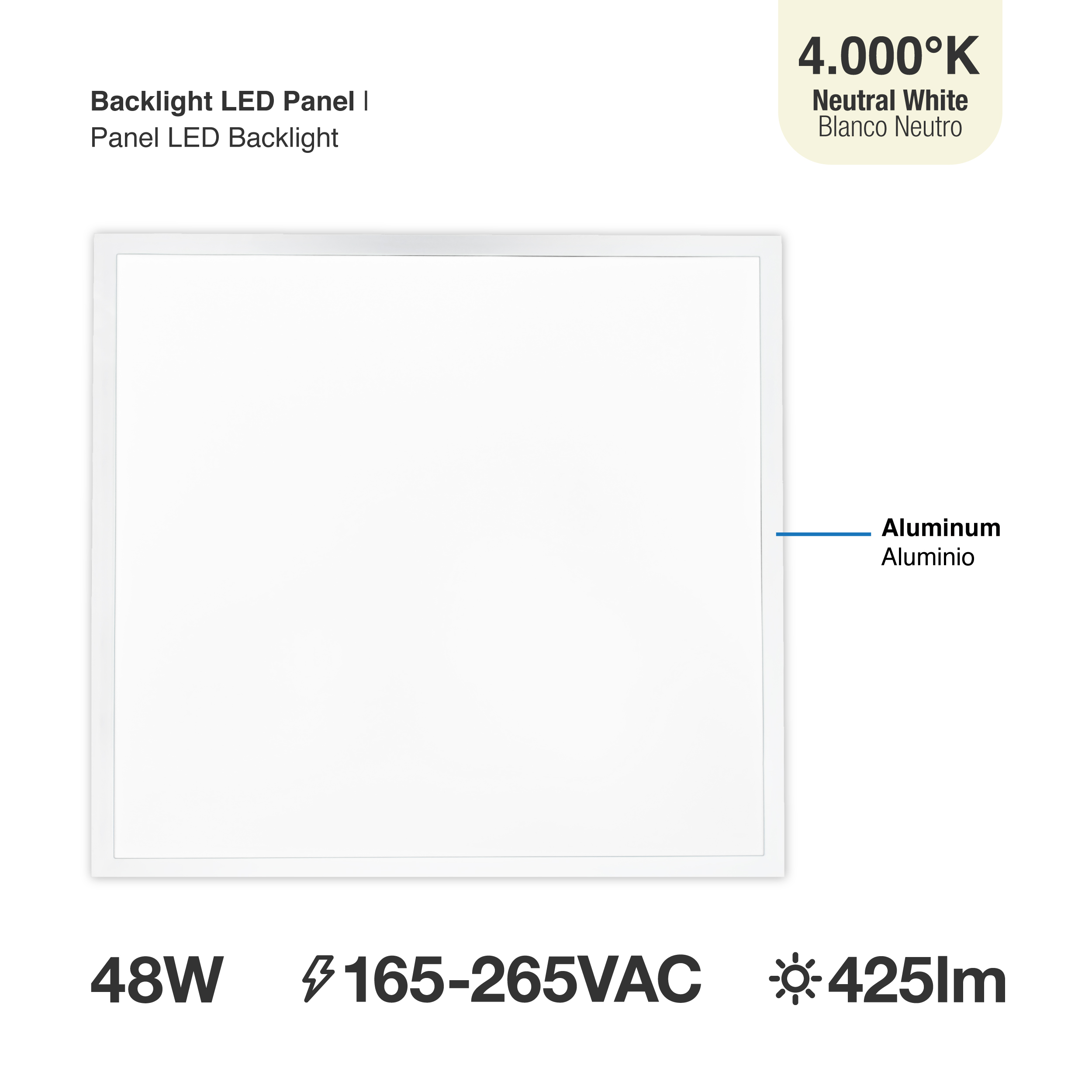 Panel LED BACKLIGHT de 60x60x3,8cm 48W 4800lm Blanco Neutro, de aplicar