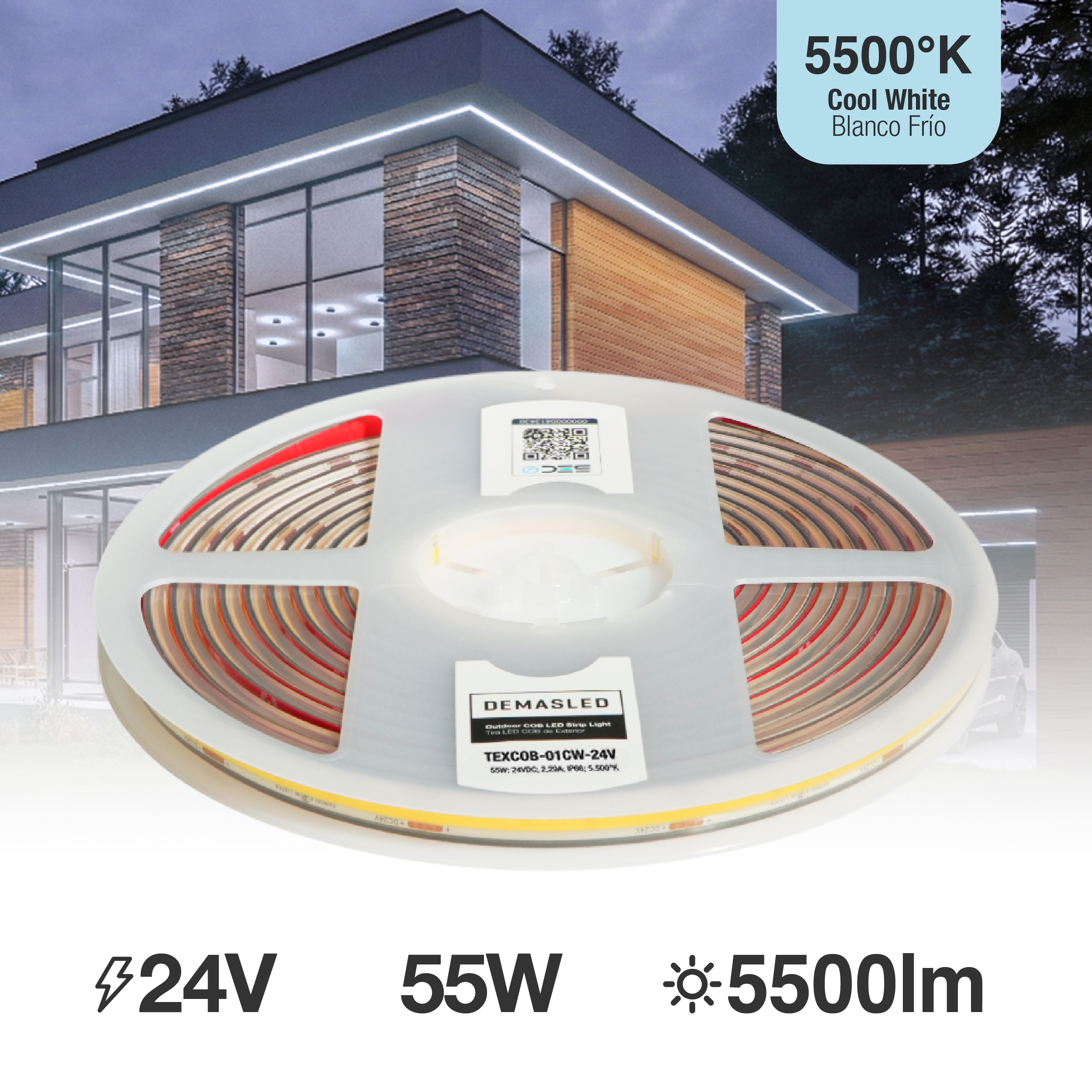 Tira LED COB 24V 11W/m Blanco Frío 1100lm/m 480 LEDs/m 8mm IP65, 5m