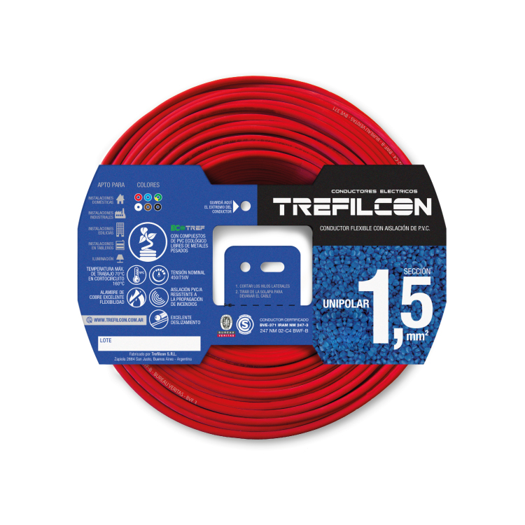 Cable Unipolar 1x1,50mm TREF Rojo x50m