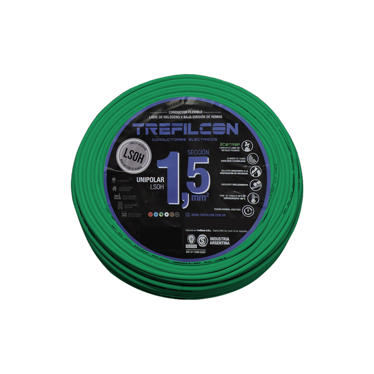 Cable LSOH Unipolar 1x1,50mm TREF Verde y Amarillo x25m