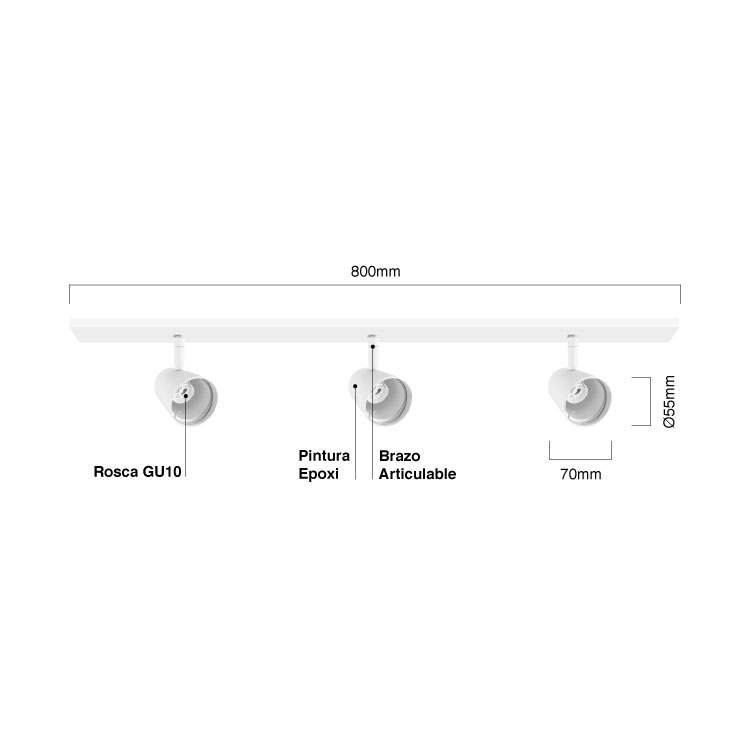 Aplique 80cm Móvil Blanco Cabezal 5,5x7cm 3 Luces GU10