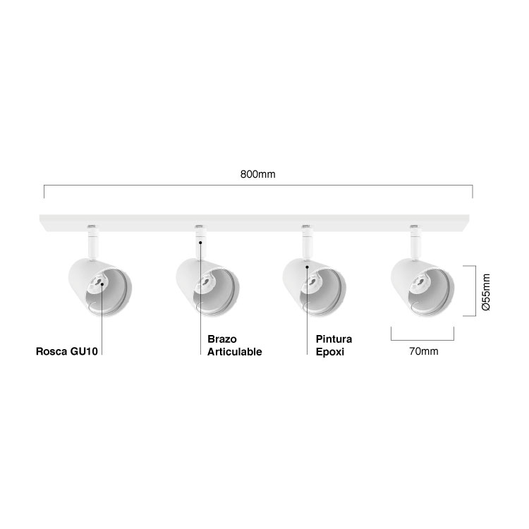 Aplique 80cm Móvil Blanco Cabezal 5,5x7cm 4 Luces GU10