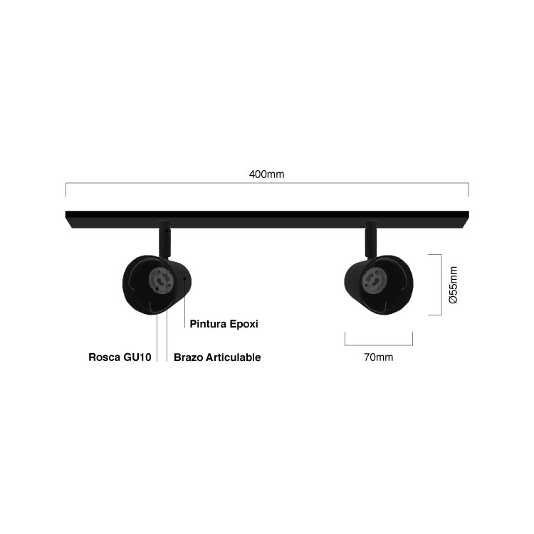 Aplique 40cm Móvil Negro Cabezal 5,5x7cm 2 Luces GU10
