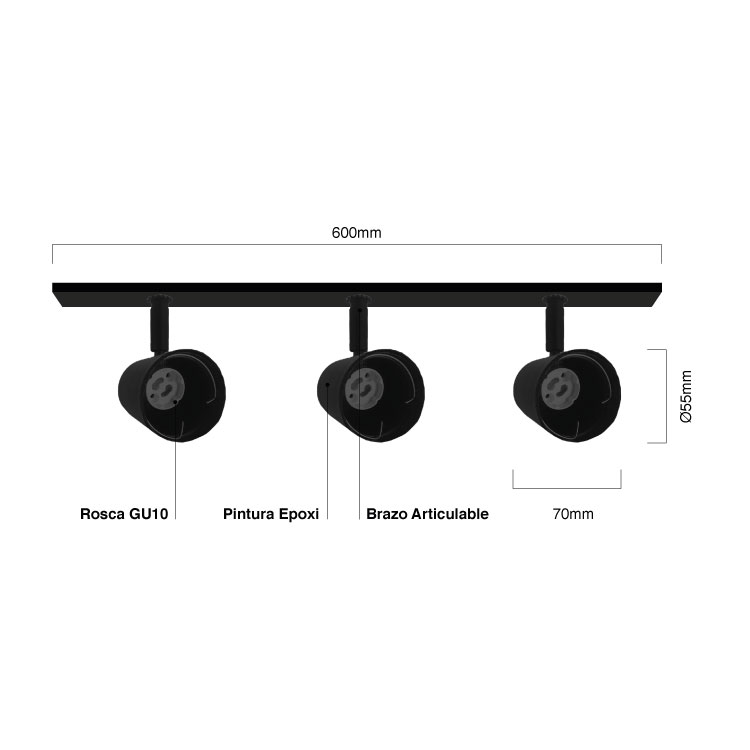 Aplique 60cm Móvil Negro Cabezal 5,5x7cm 3 Luces GU10