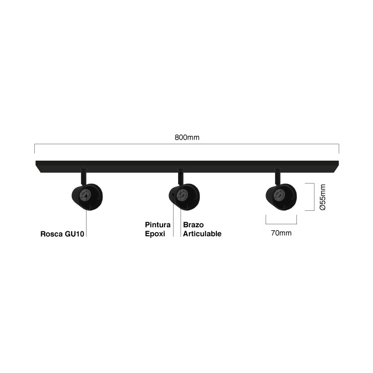 Aplique 80cm Móvil Negro Cabezal 5,5x7cm 3 Luces GU10