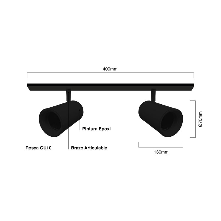 Aplique 40cm Móvil Negro Cabezal 7x13cm 2 Luces GU10
