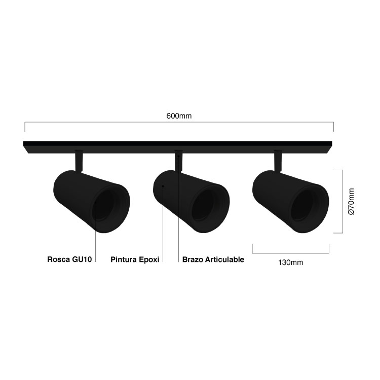 Aplique 60cm Móvil Negro Cabezal 7x13cm 3 Luces GU10