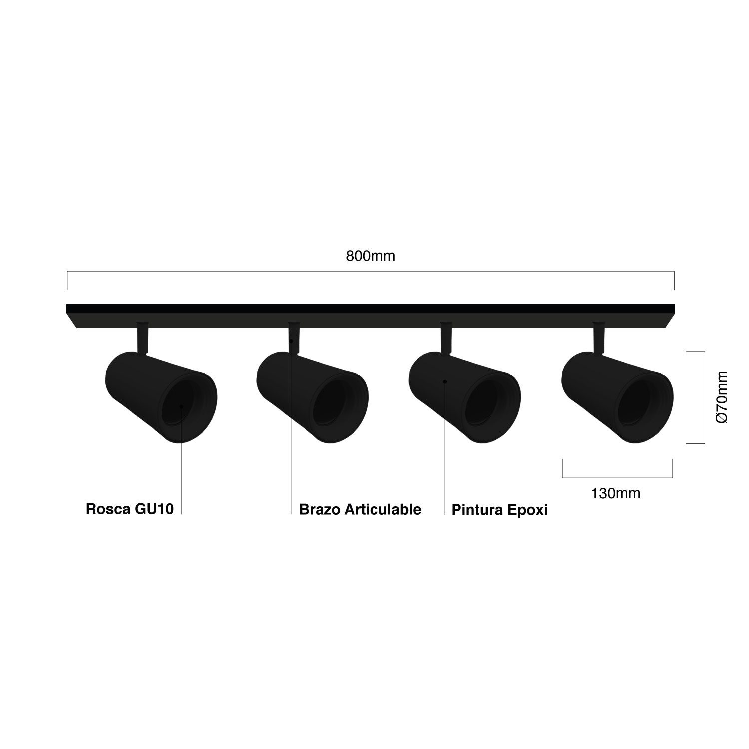 Aplique 80cm Móvil Negro Cabezal 7x13cm 4 Luces GU10