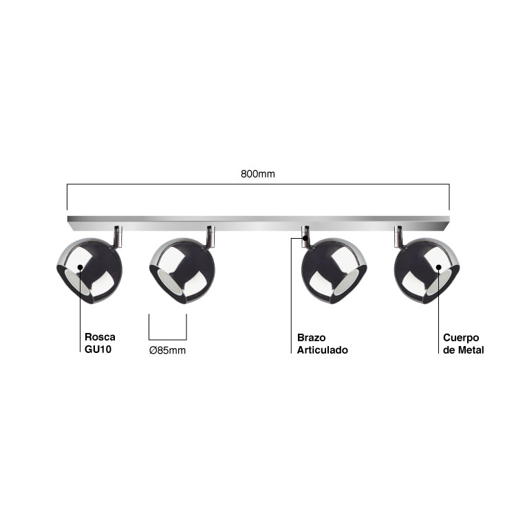 Aplique con Cabezales Direccionables Mini Balloon Cromado Ø10 cm para 4 Dicroicas GU10
