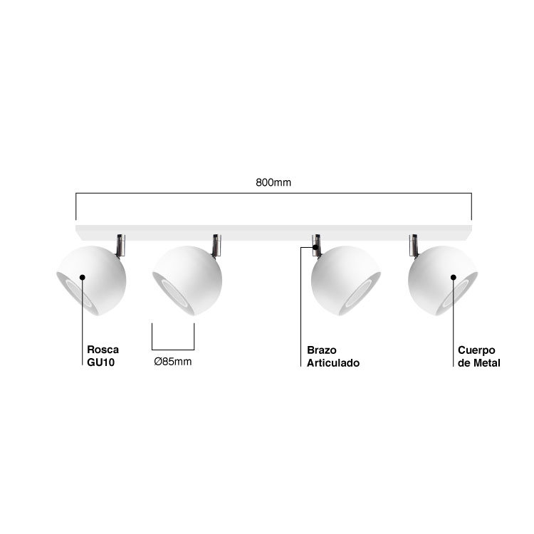 Aplique con Cabezales Direccionables Mini Balloon Blanco Ø10cm para 4 Dicroicas GU10