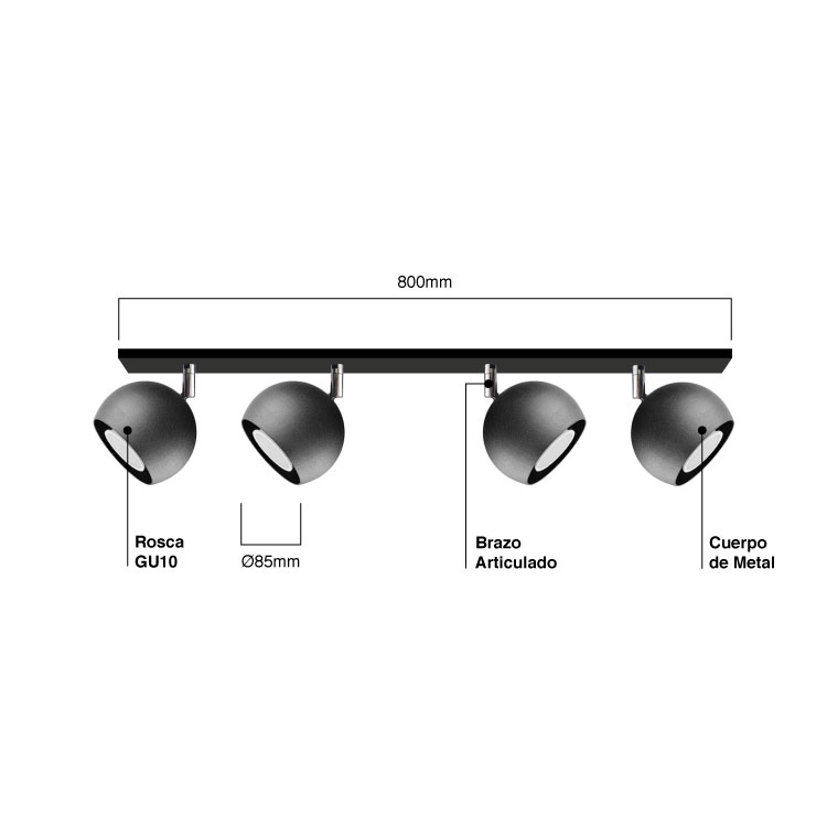 Aplique con Cabezales Direccionables Mini Balloon Negro Ø10 cm para 4 Dicroicas GU10