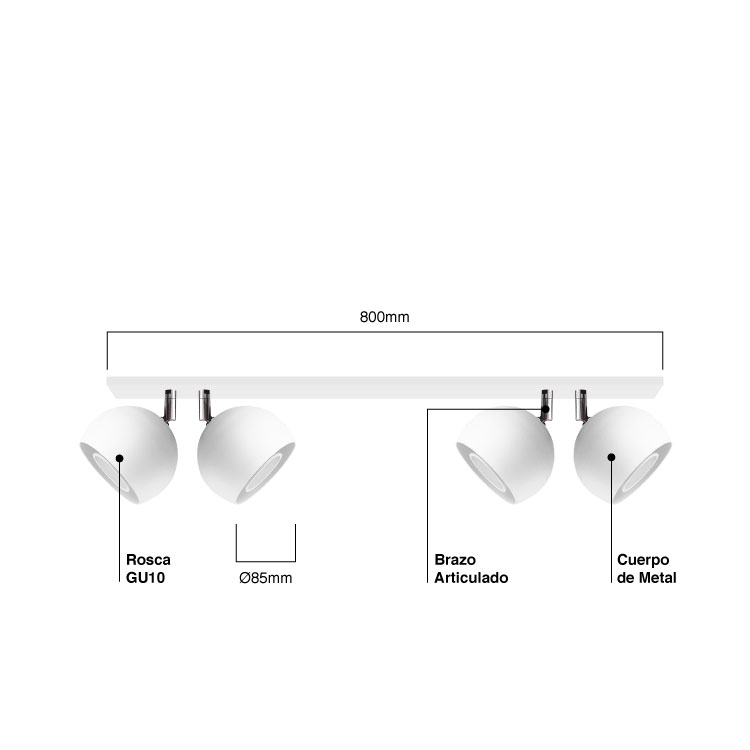 Aplique con Cabezales Direccionables Mini Balloon Blanco Ø10 cm para 4 Dicroicas GU10