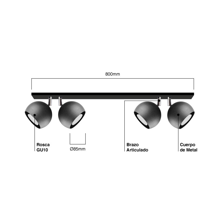 Aplique con Cabezales Direccionables Mini Balloon Negro Ø10 cm para 4 Dicroicas GU10