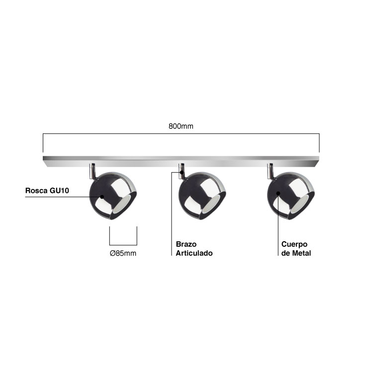 Aplique con Cabezales Direccionables Mini Balloon Cromado Ø10 cm para 3 Dicroicas GU10