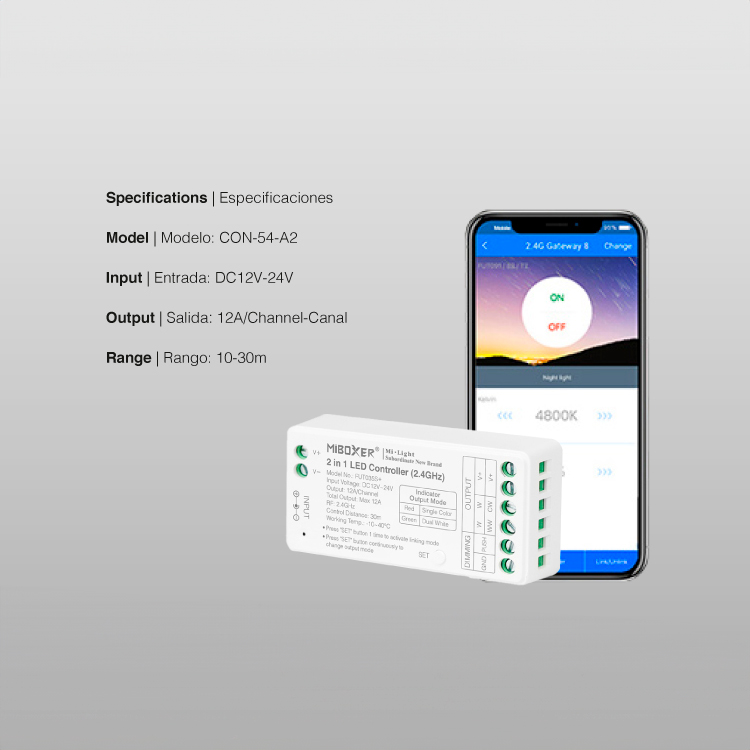 Controlador LED 2 en 1 Mi-Light 12-24V 12A max 2.4GHz