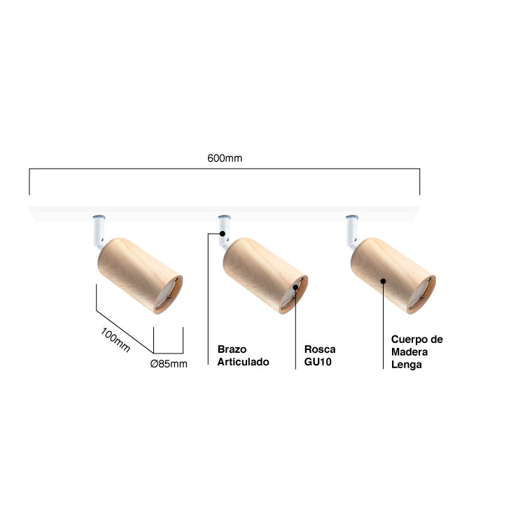 Aplique 60 cm Móvil Madera Lenga Blanco para Dicroica GU10 6x10cm para 3 Luces GU10