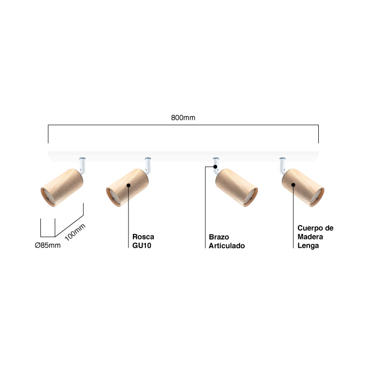 Aplique 80 cm Móvil Madera Lenga Blanco para Dicroica GU10 6x10cm para 4 Luces GU10