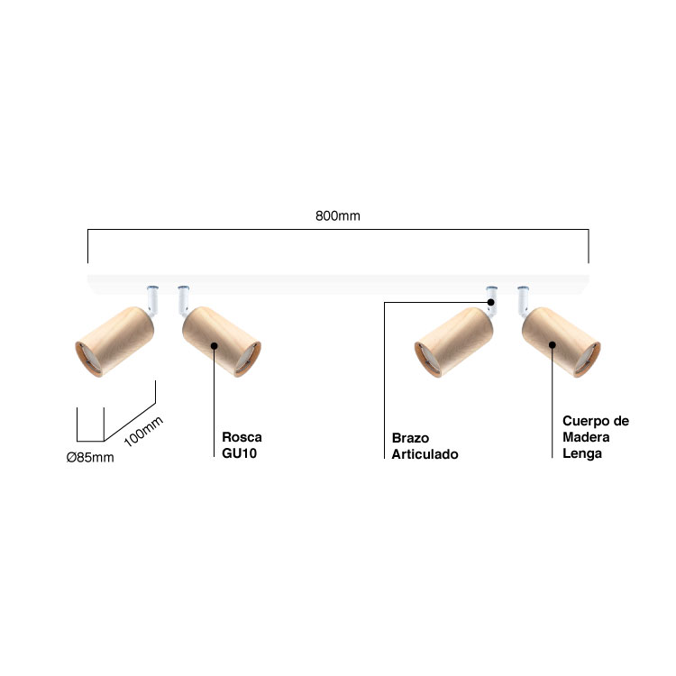 Aplique 80 cm Móvil Madera Lenga Blanco para Dicroica GU10 6x10cm para 4 Luces GU10
