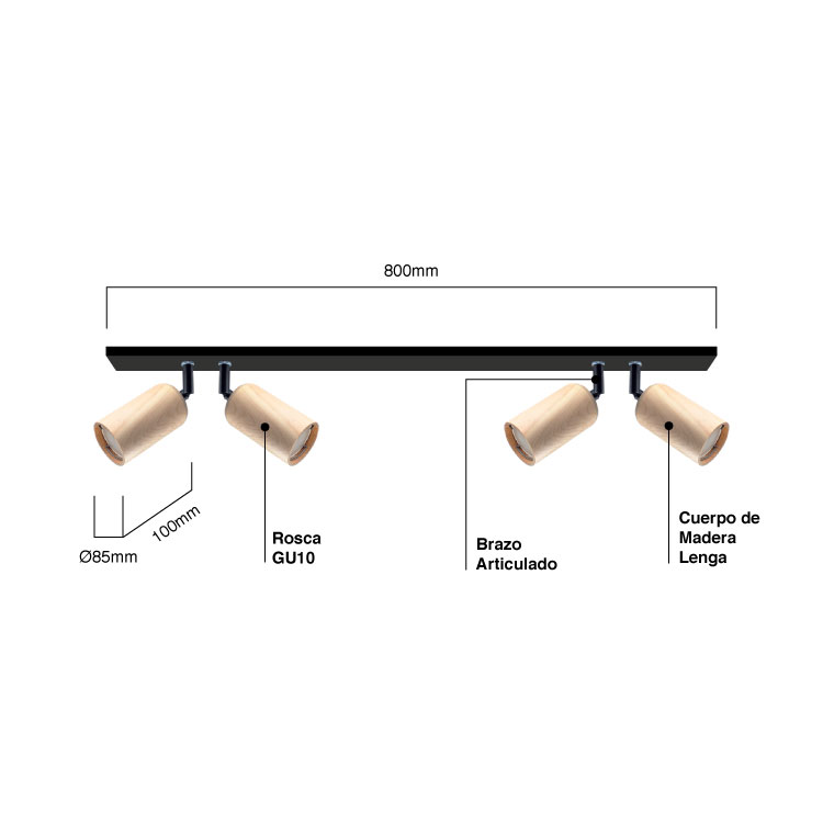 Aplique 80 cm Móvil Madera Lenga Negro para Dicroica GU10 6x10cm para 4 Luces GU10