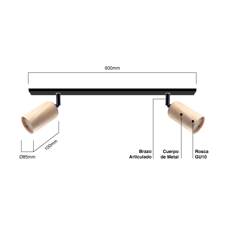 Aplique 60 cm Móvil Madera Lenga Negro para Dicroica GU10 6x10cm para 2 Luces GU10