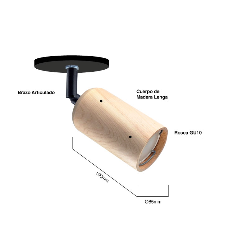 Aplique Ø10.5cm Móvil Madera Lenga Negro para Dicroica GU10 6x10cm para 1 luz GU10