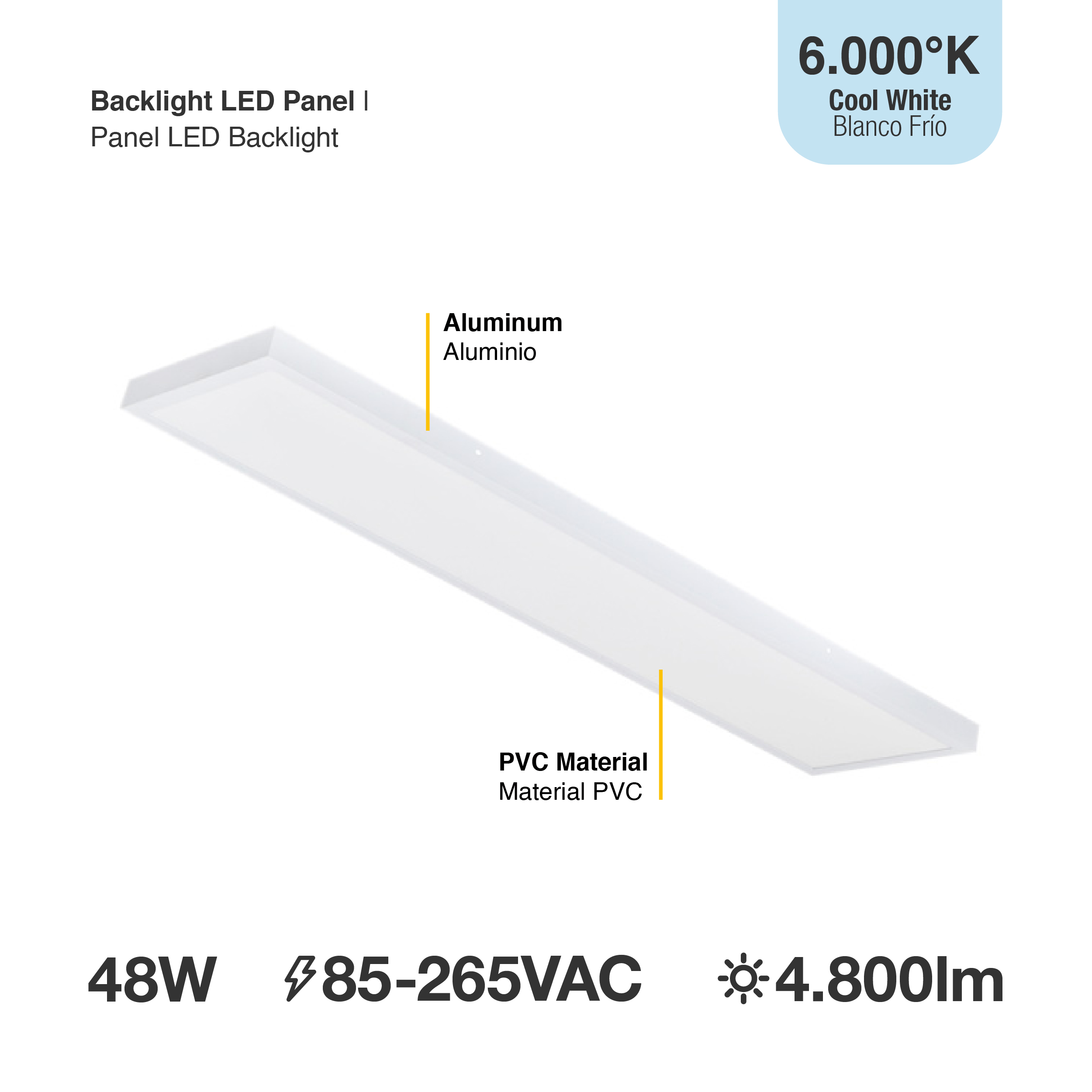 Panel BACKLIGHT LED 48W, 30 x 120cm, 48W, blanco Frío, Aplicar