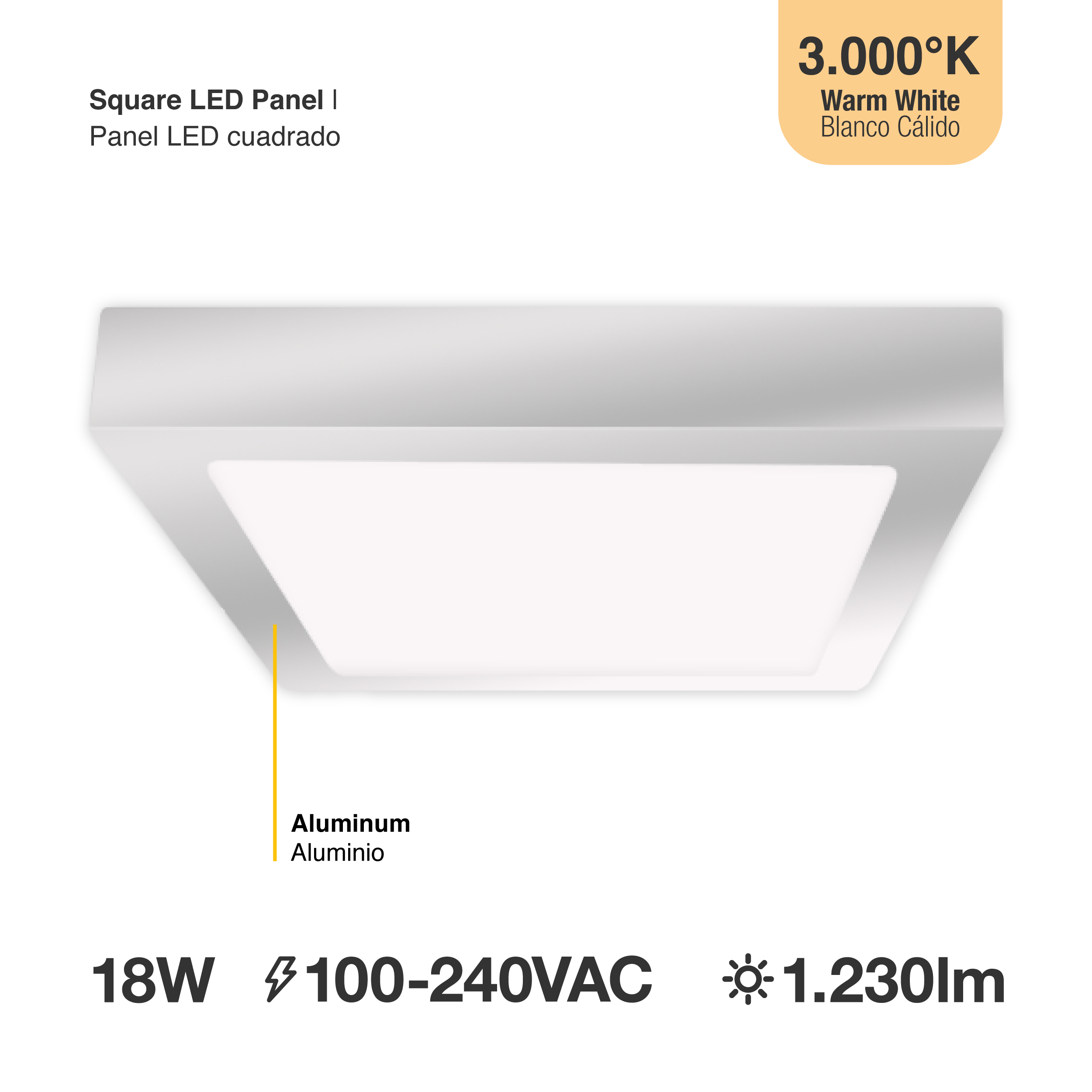 Plafón LED cuadrado níquel de 21,3x21,3cm 18W 1230lm Cálido, aplicar