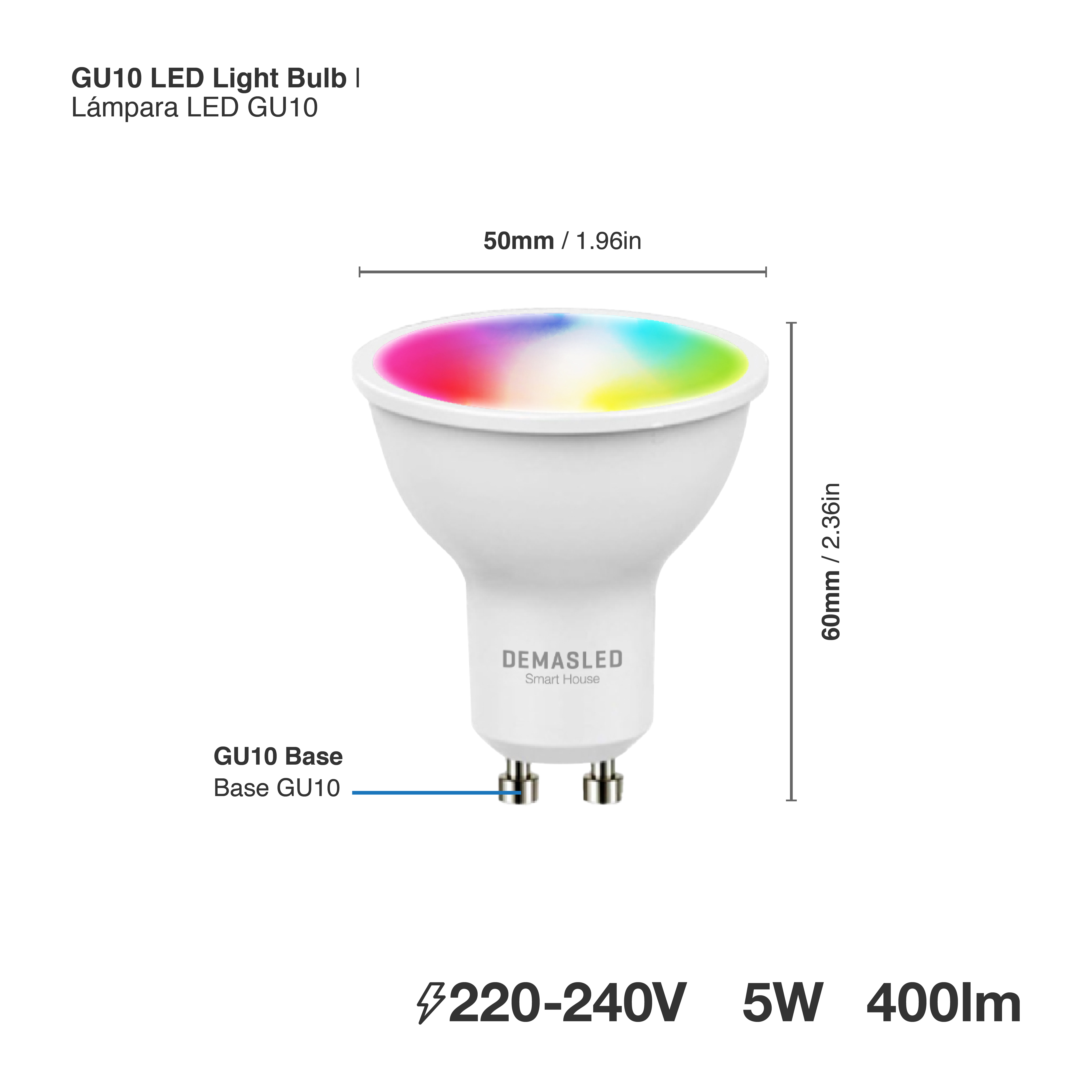 Lámpara LED GU10 5W 65mA 120° RGB-Blanco, 220V