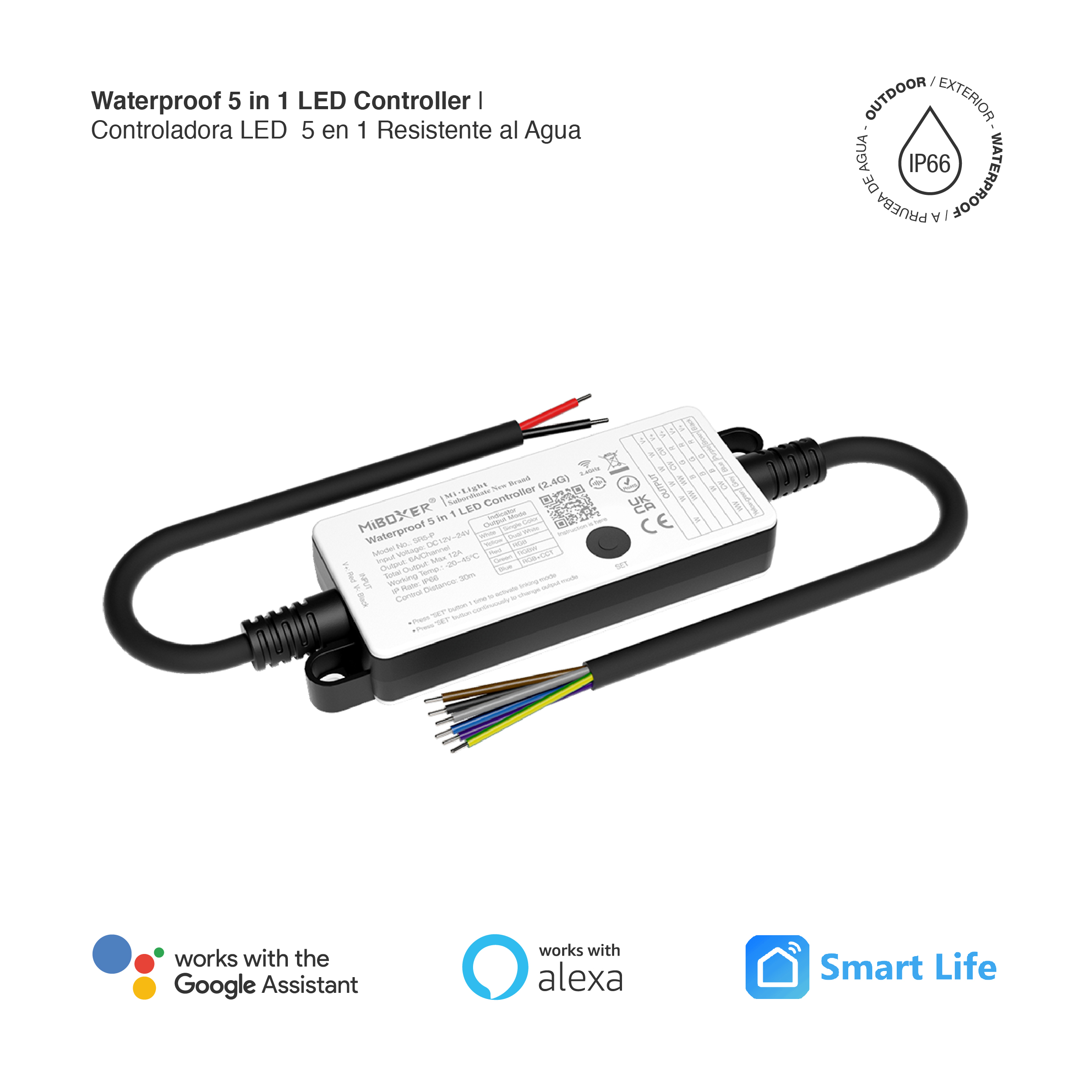 Controlador LED 5 en 1 Resistente al Agua RGB+CCT 2.4GHz 12A máx. 12-24V IP66