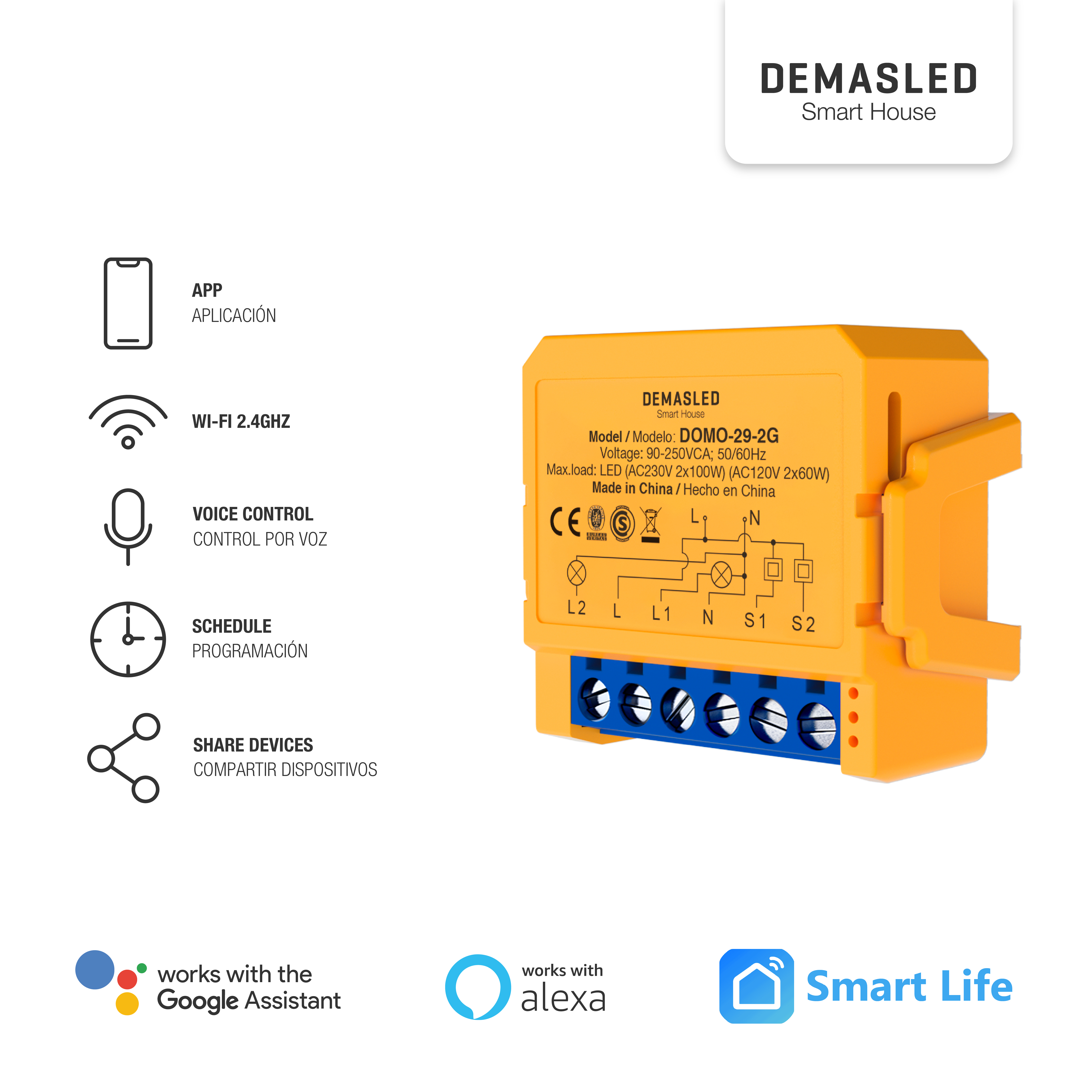 Dimmer Switch WiFi 2 Salidas AC100-240V IP20