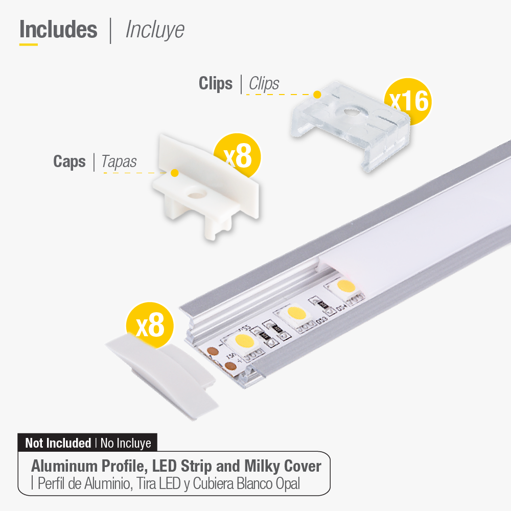 Kit de 16 tapas y 16 clips para perfil de aluminio, PER-11-2M