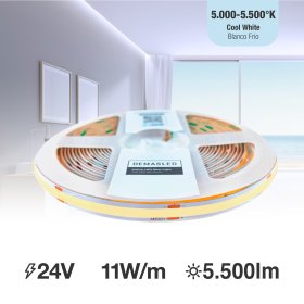 Tira LED COB 24V 11W/m, Blanco Frío 1100lm/m 480LEDs/m, 8mm, 5m