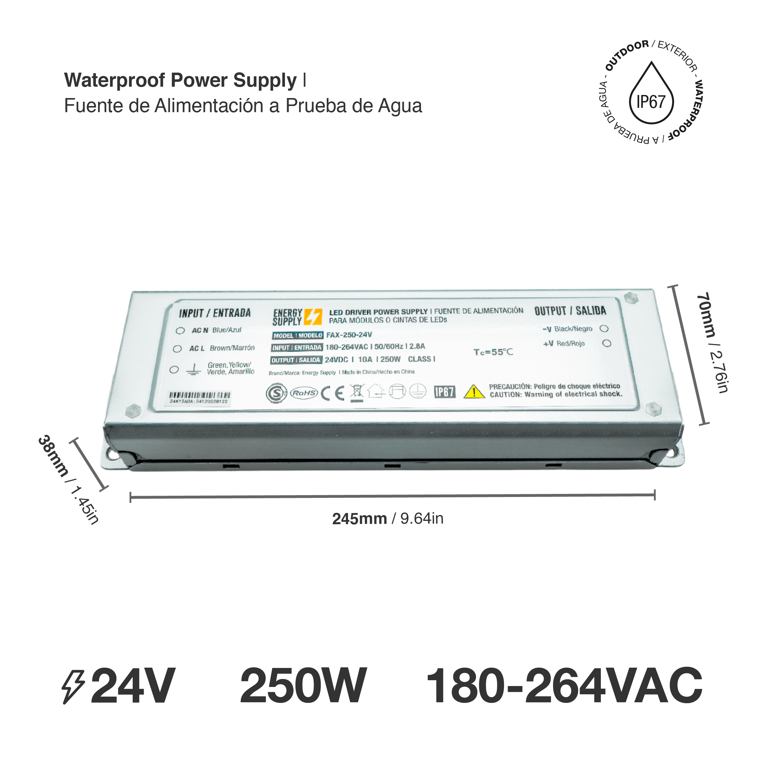 Fuente Switching 24V 10A 250W 90-264VAC Exterior IP67