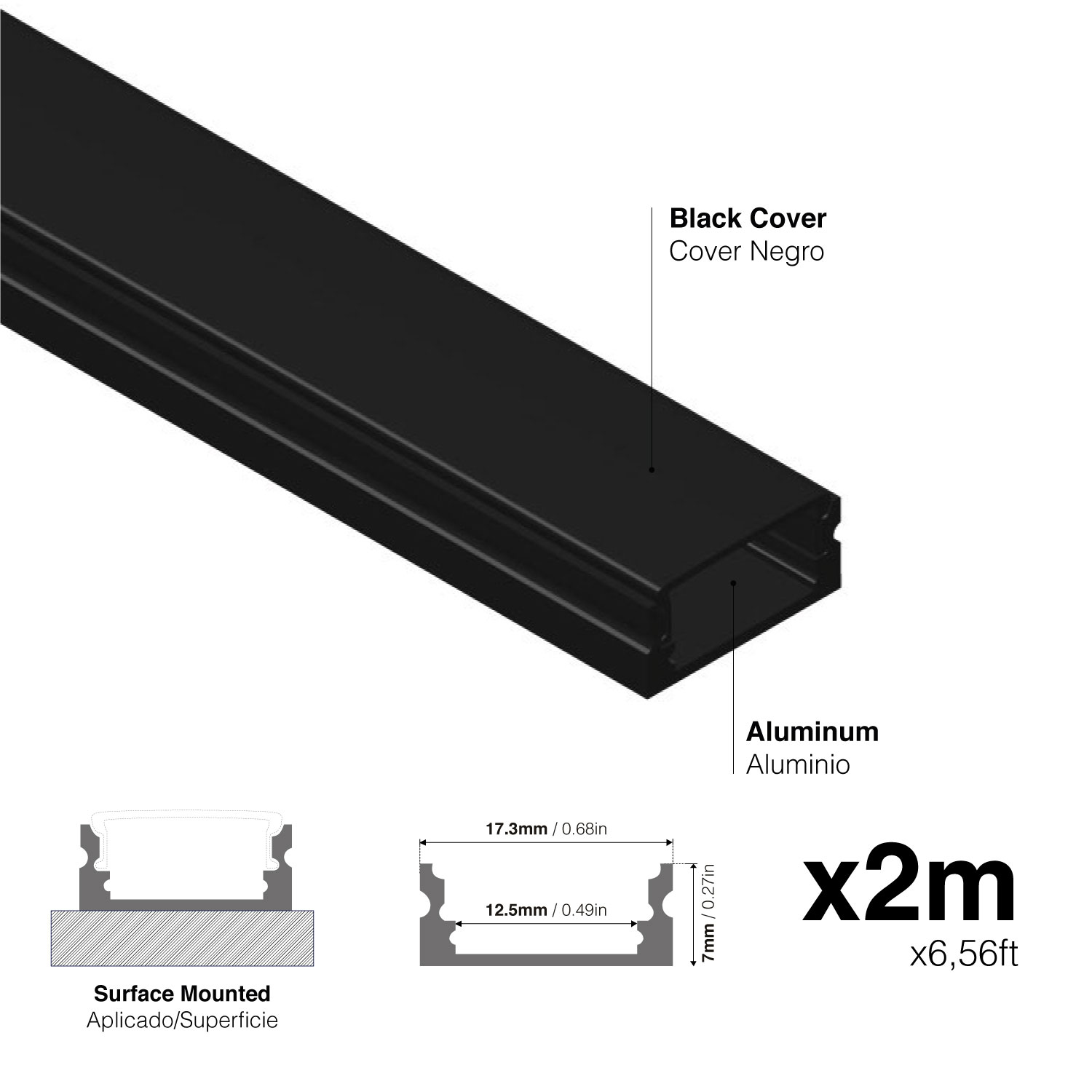 Perfil de Aluminio Flat 17x7mm Negro, Cover Opal Negro x2m