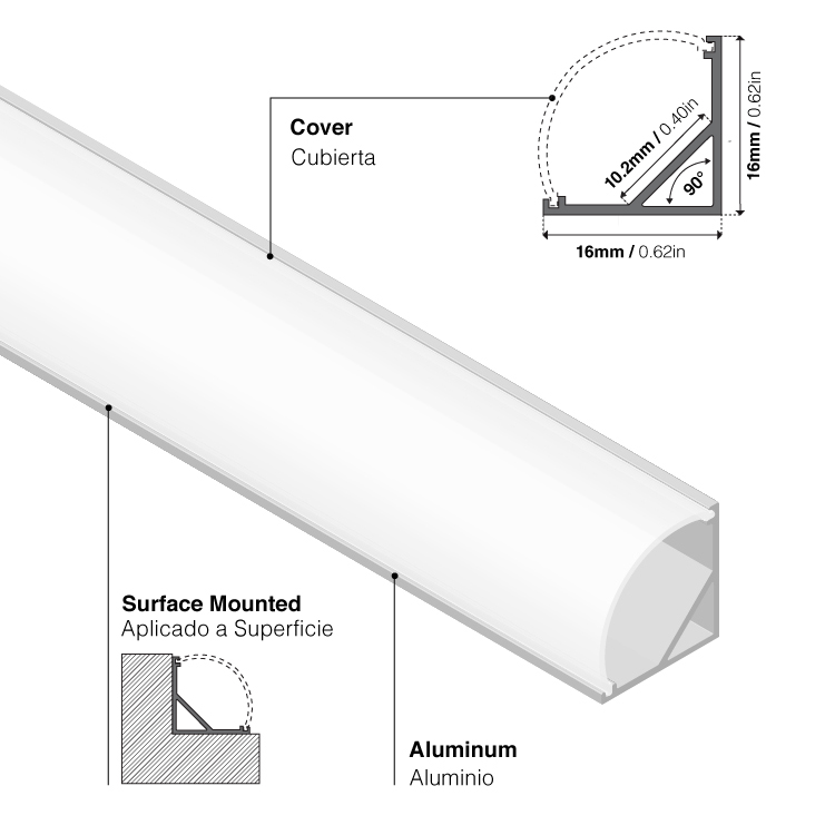 Perfil de Aluminio Esquinero 16x16mm Anodizado, Cover Curvo Opal Blanco x2m