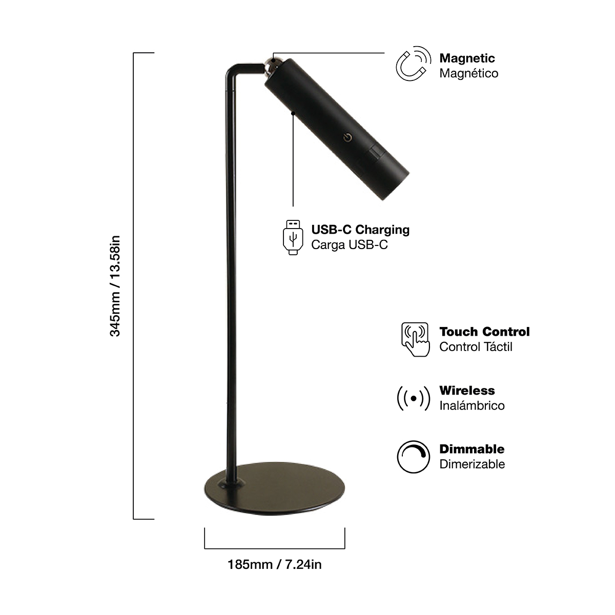 Lámpara Velador Magnético Negro 3W Blanco Cálido 3000K Batería Recargable 1200mAh