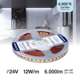 Tira LED SMD2835 24V 12W/m, Frío 1200lm/m 120 LEDs/m, 8mm PBC, 5m