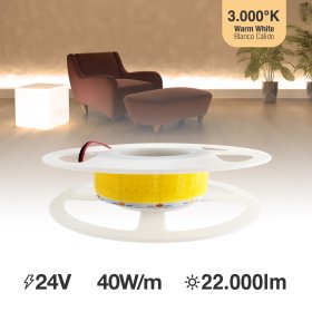 Tira LED COB 24V 40W/m Blanco Cálido 4800lm/m 1600 LEDs/m, 30mm PCB IP33 x5m 