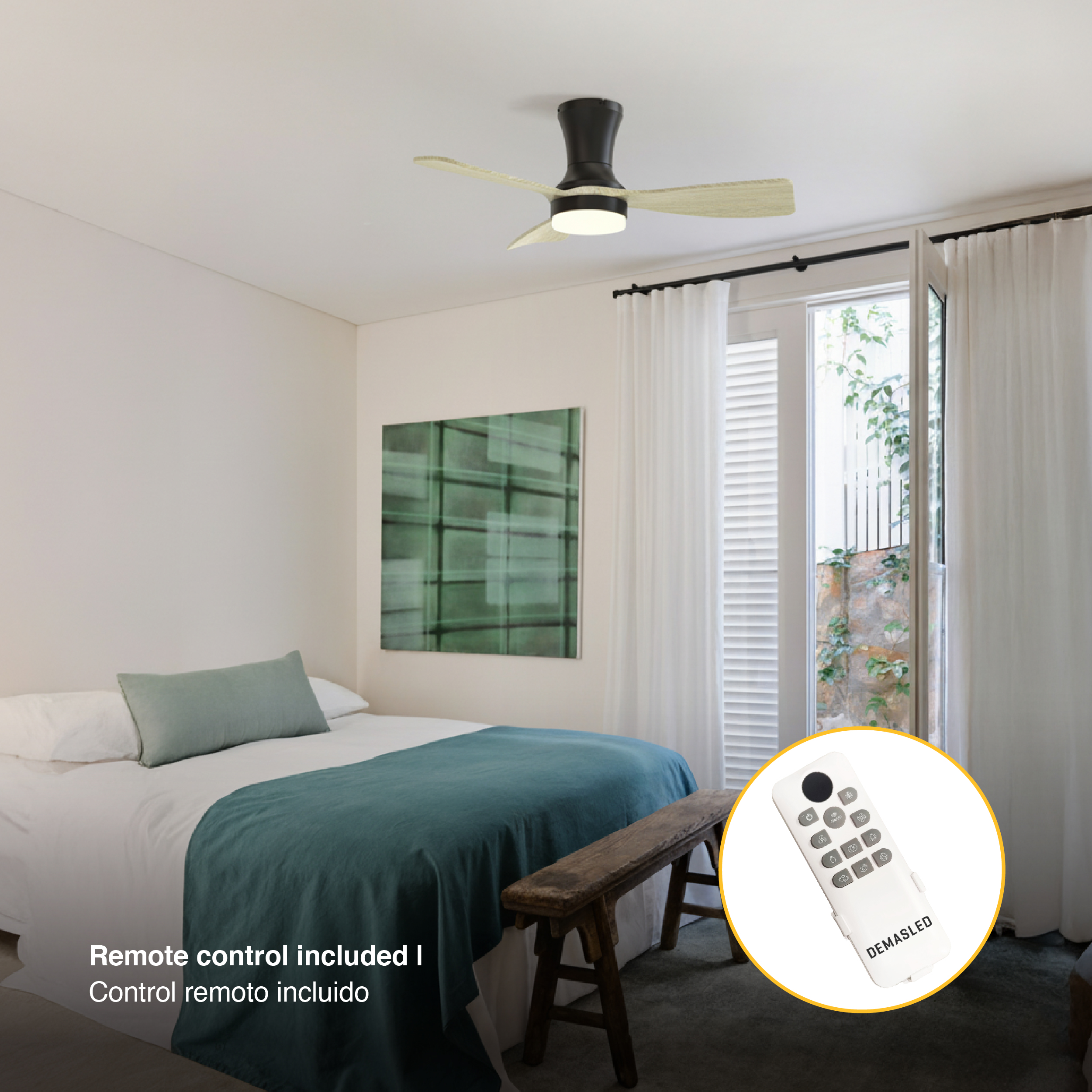 Ventilador de Techo con Luz LED CCT 920x265mm Blanco Madera 22W con Control Remoto AC100-240V IP20