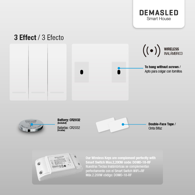 Tecla inalámbrica  RF, 3 Efectos Smart House, Blanco