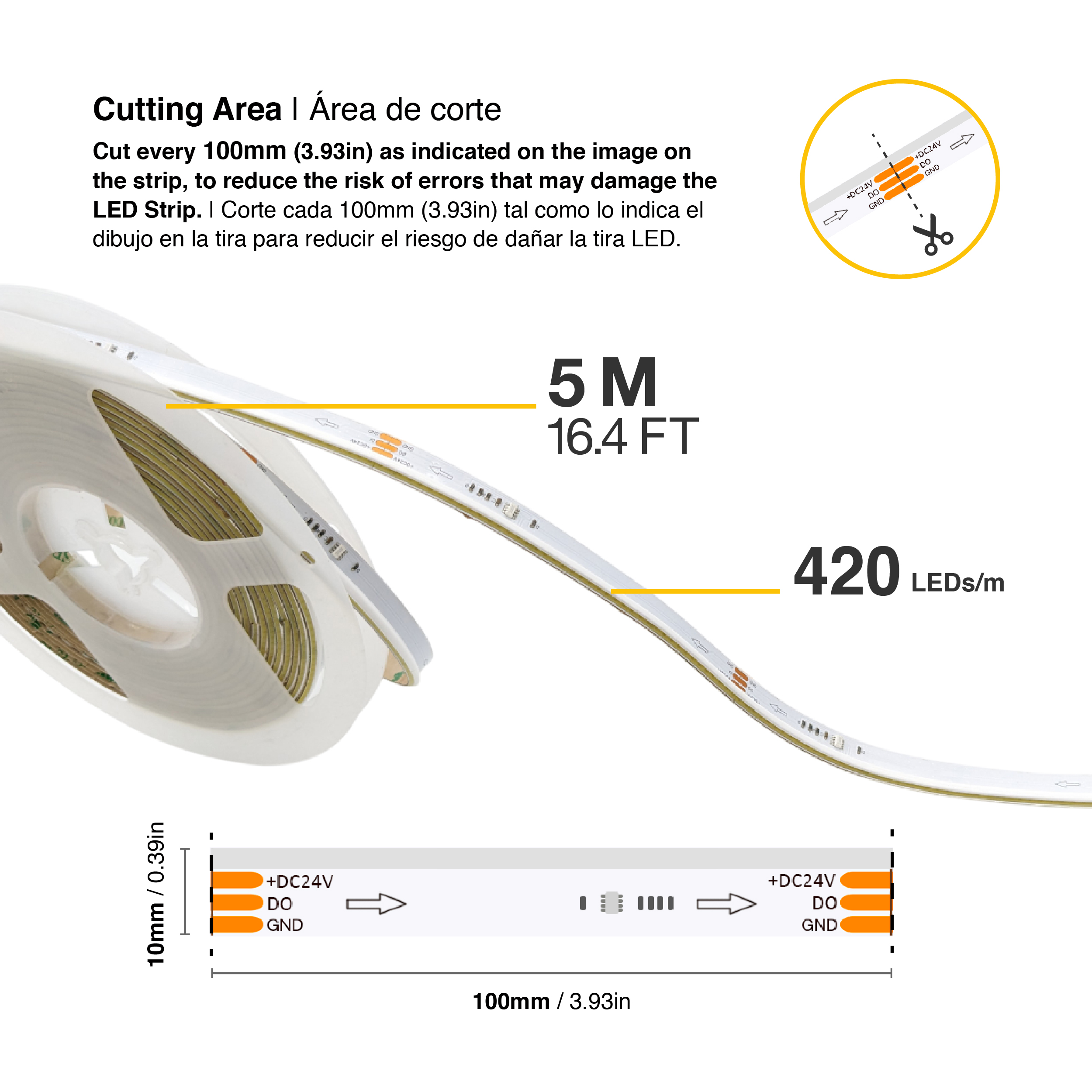 Tira LED COB Programable IC Pixel 24V 11W/m Blanco Frío 420LEDs/m, 10mm PCB x5m