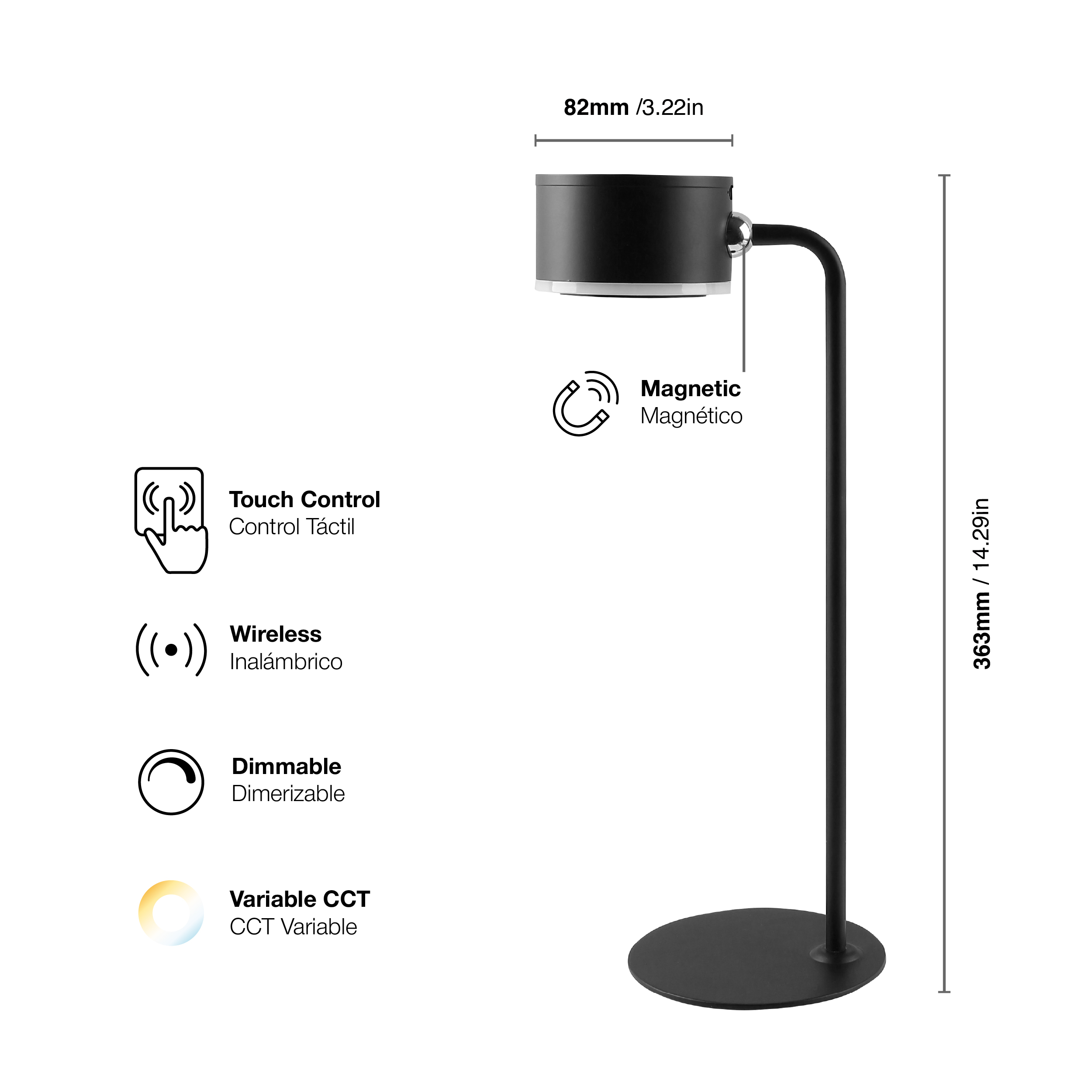 Lámpara Velador Magnético Negro 3W CCT Batería Recargable 1200mAh 