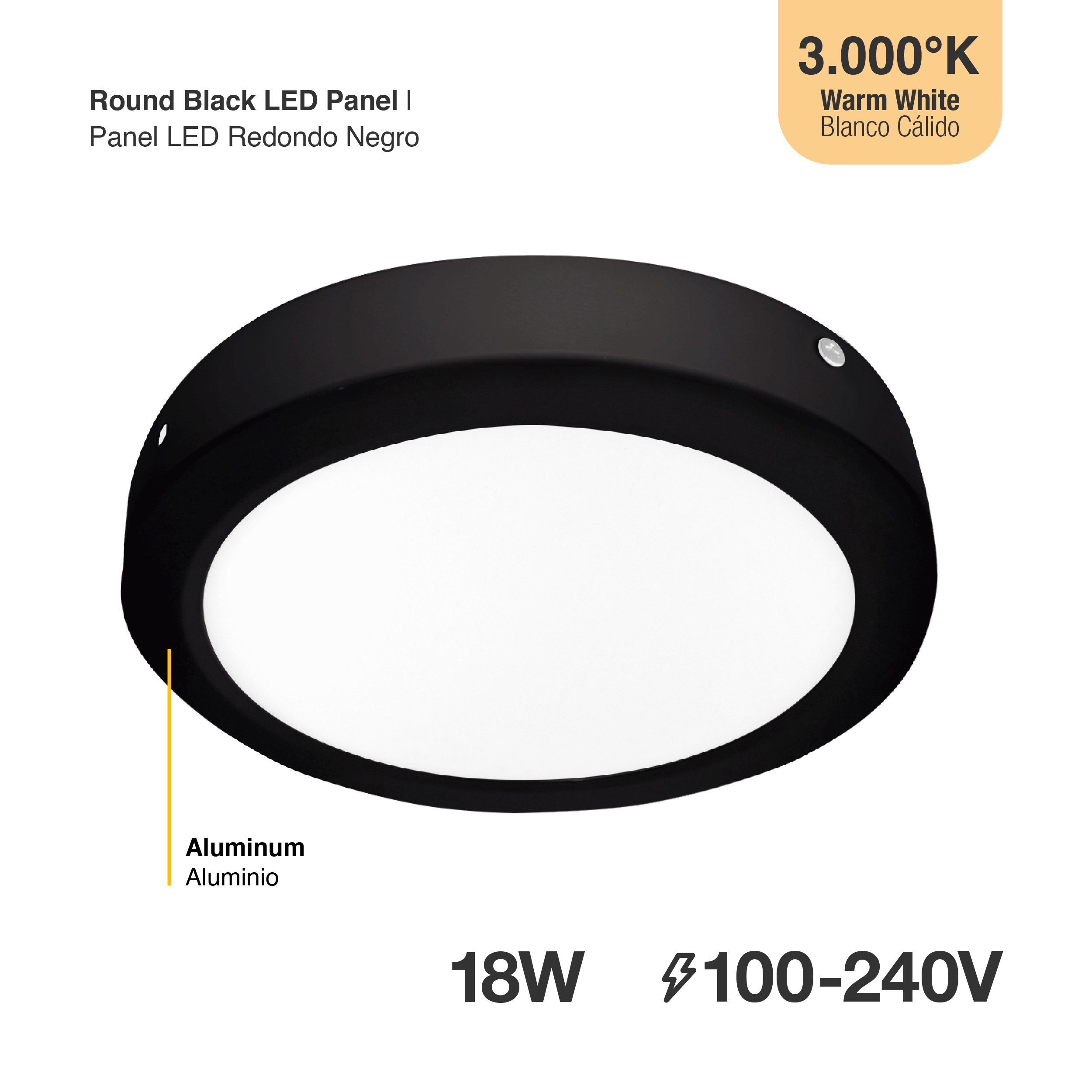 Plafón LED redondo negro de 22cm, 18W 1230lm Cálido, de aplicar