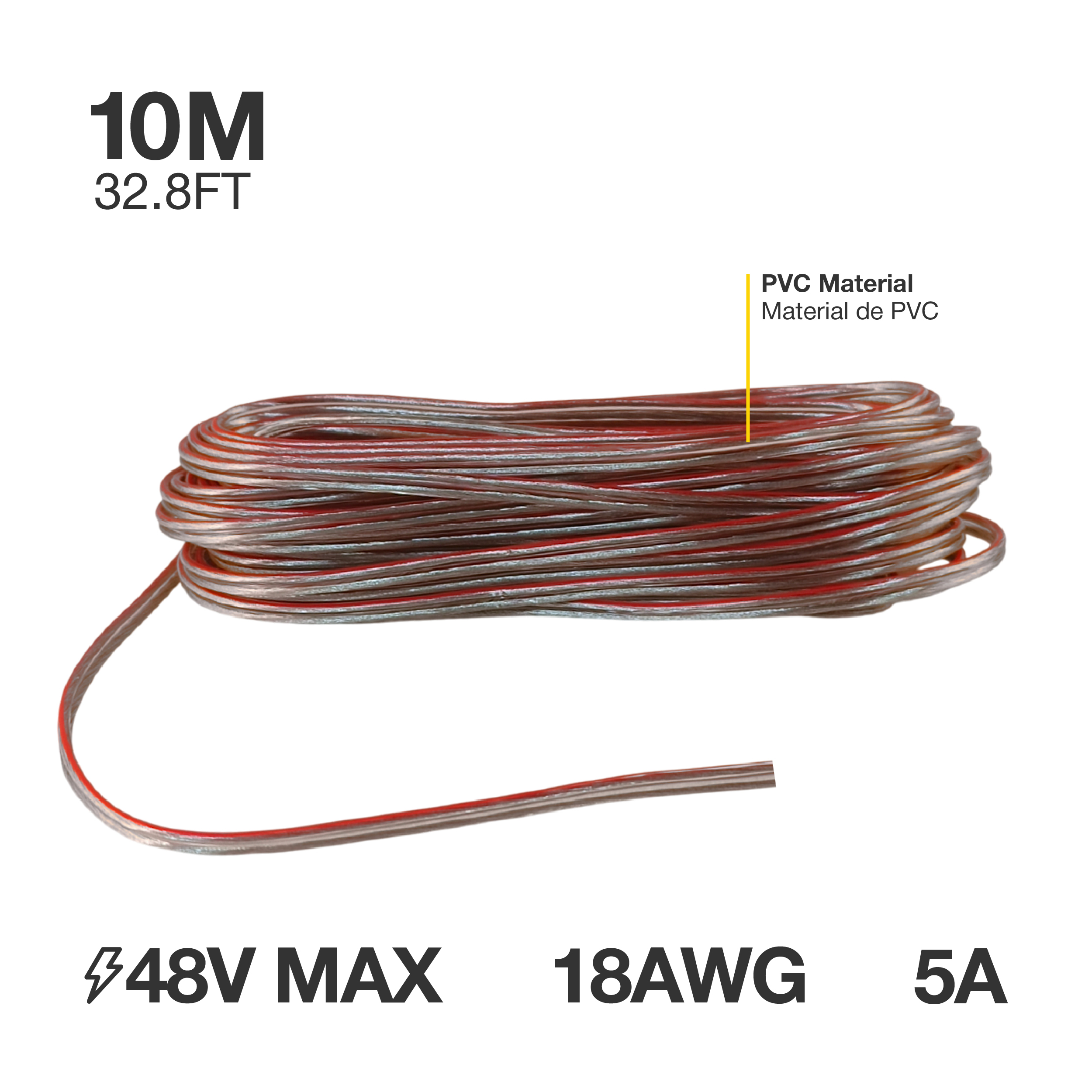 Cable 18 AWG para LED Monocromático, Transparente, 10m, 48V Máx.