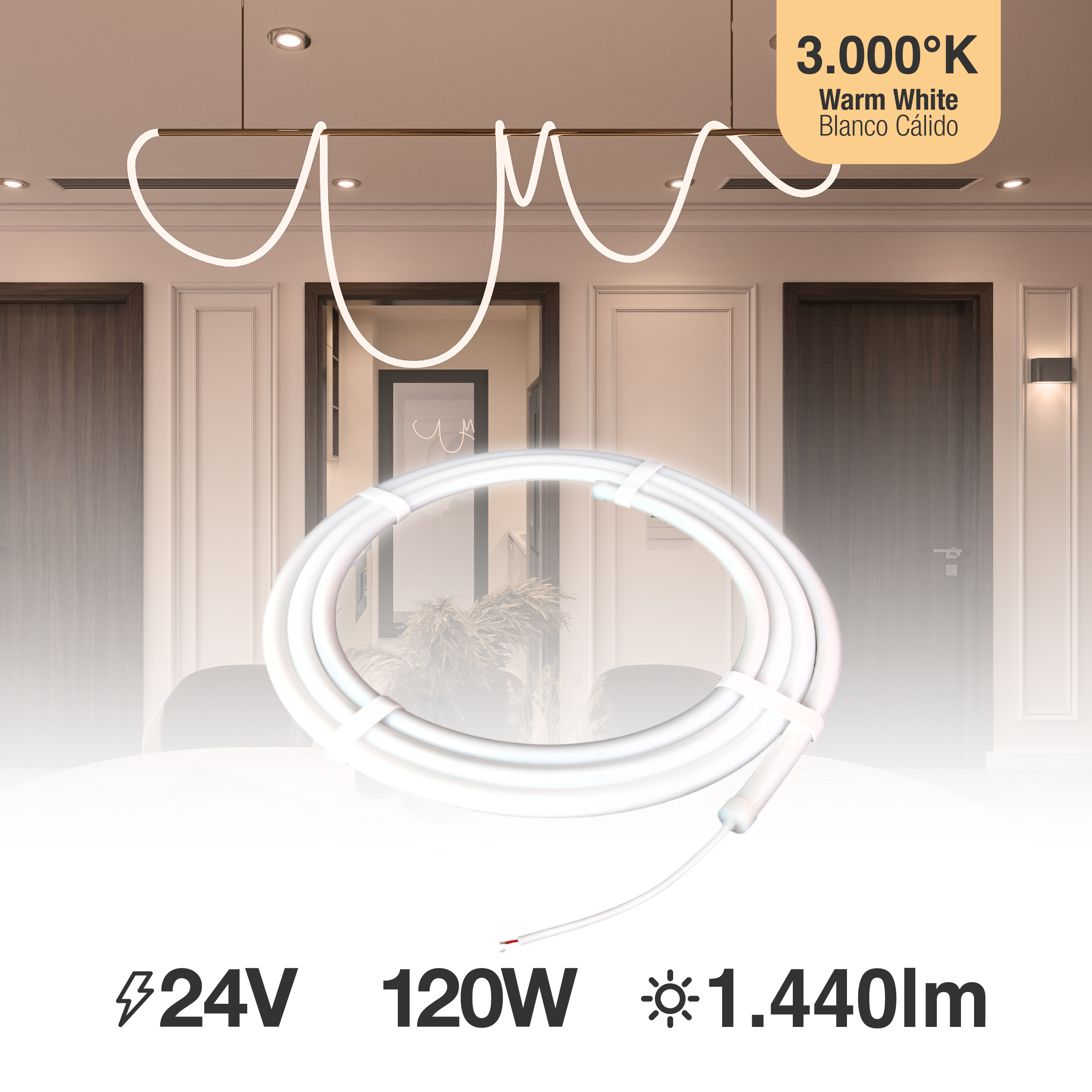 Tira LED SMD2835 con recubierta de Silicona, 24V 24W/m, Blanco Cálido 3000K 240LEDs/m, 5m