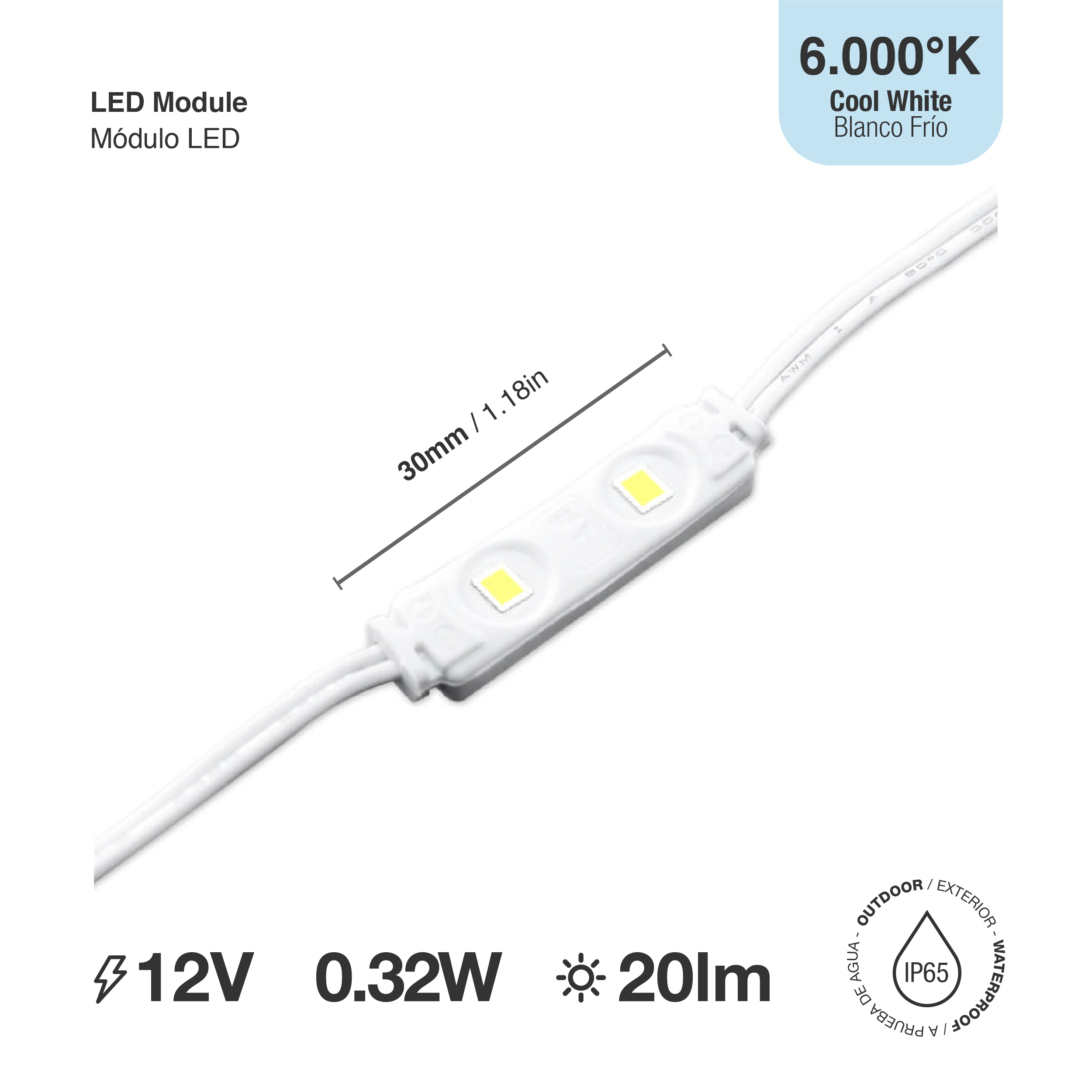 Módulo LED SMD2835, Frío 20lm 6500K 2 LEDs 12V 0.32W, IP65