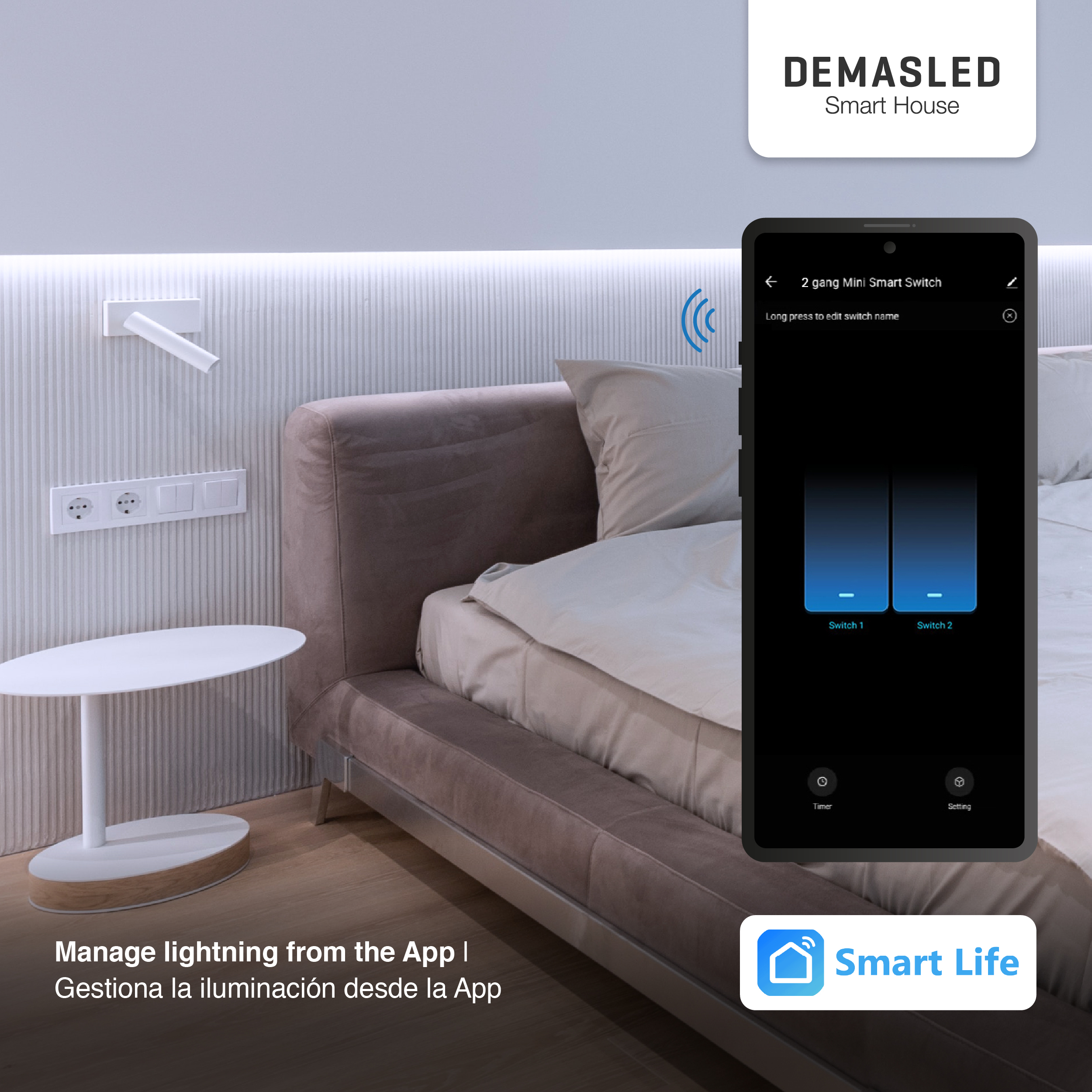 Mini Smart Switch WiFi+RF 2 Canales, 100-240Vac 50-60Hz 10A max 2.4GHz