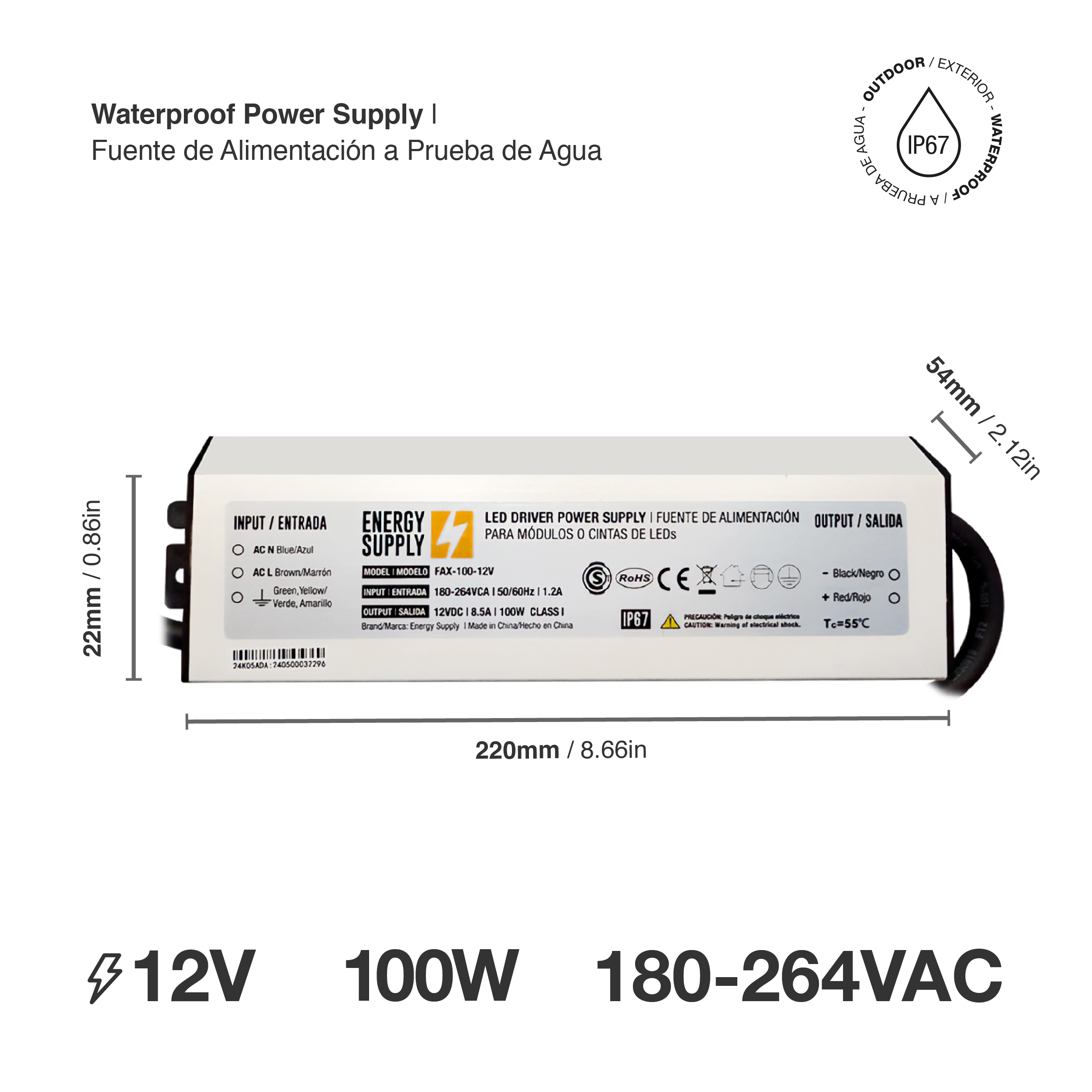 Fuente Switching 12V 8.5A 102W, 90-264VAC Exterior IP67